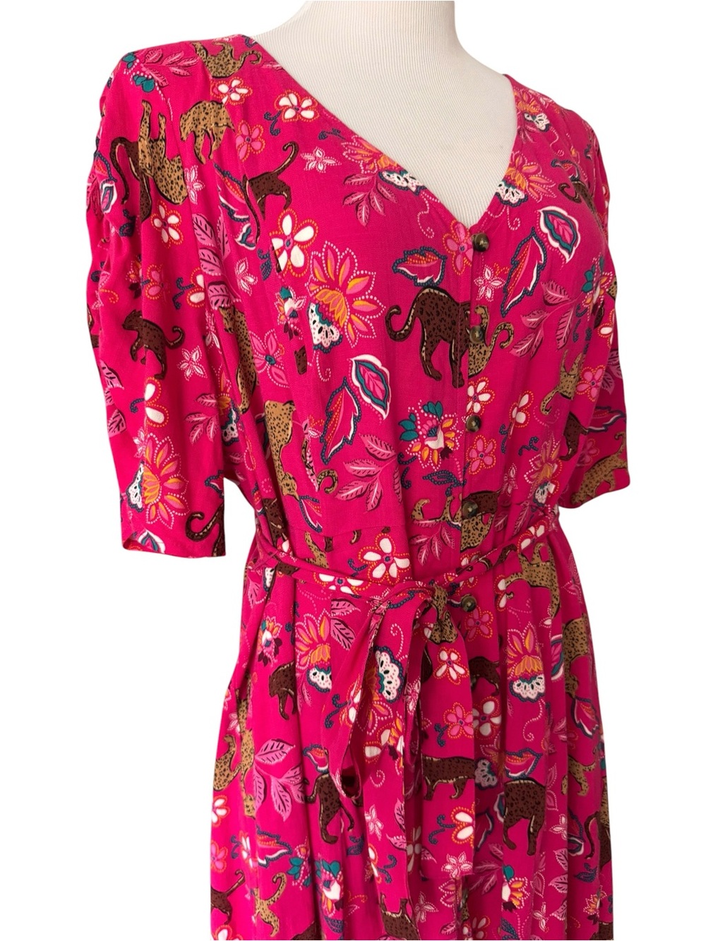 Torrid Pink Jungle Leopard Floral Button Front Midi Dress Tie Waist Plus Size - Picture 3 of 9